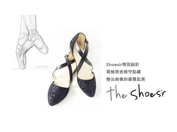 ~the shoesir~ 芭蕾舞鞋 韓版尖頭包頭涼鞋 黑色蕾絲 氣質出眾 歐美復古 簡約 交叉鞋帶特色 MIT 真皮