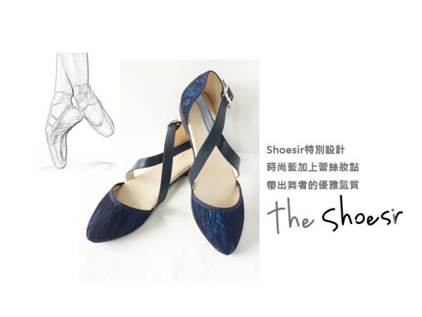 ~the shoesir~ 芭蕾舞鞋 韓版尖頭包頭涼鞋 藍色蕾絲 氣質出眾 歐美復古 簡約 交叉鞋帶特色 MIT 真皮