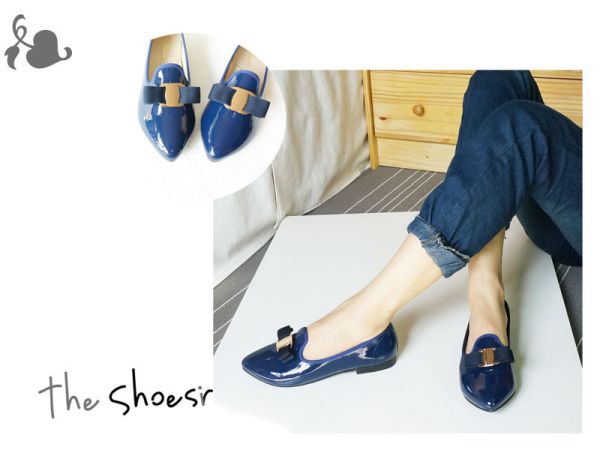 ~the shoesir~ 鏡面漆皮 青藍色 尖頭 舒適 樂福鞋 名牌設計蝴蝶結 非Ferragamo MIT舒適鞋